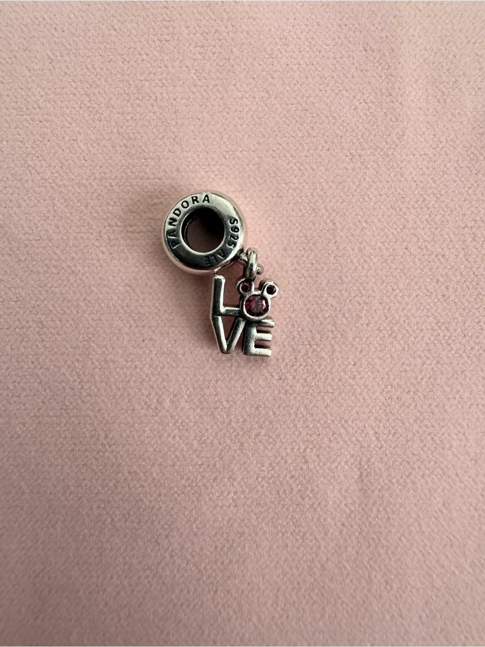 925 Pandora x Disney Sterling Silver LOVE dangle charm with Mickey pink crystal